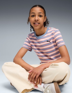 Playera Puma Wardrobe Ess Go Together Striped Slim Tee G manga corta para niña