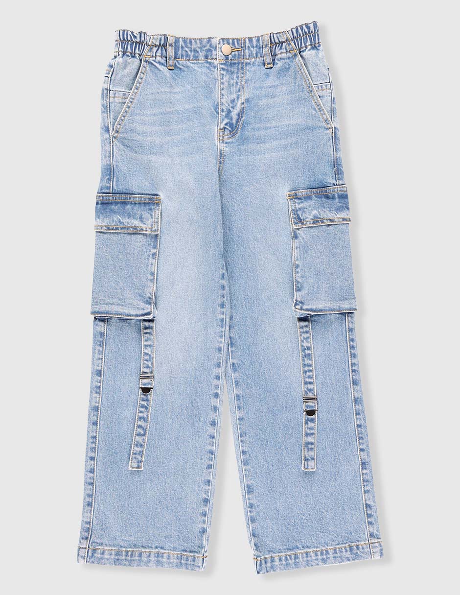 Jeans cargo straight lavado desgastado para niña Jeans cargo straight lavado desgastado para niña