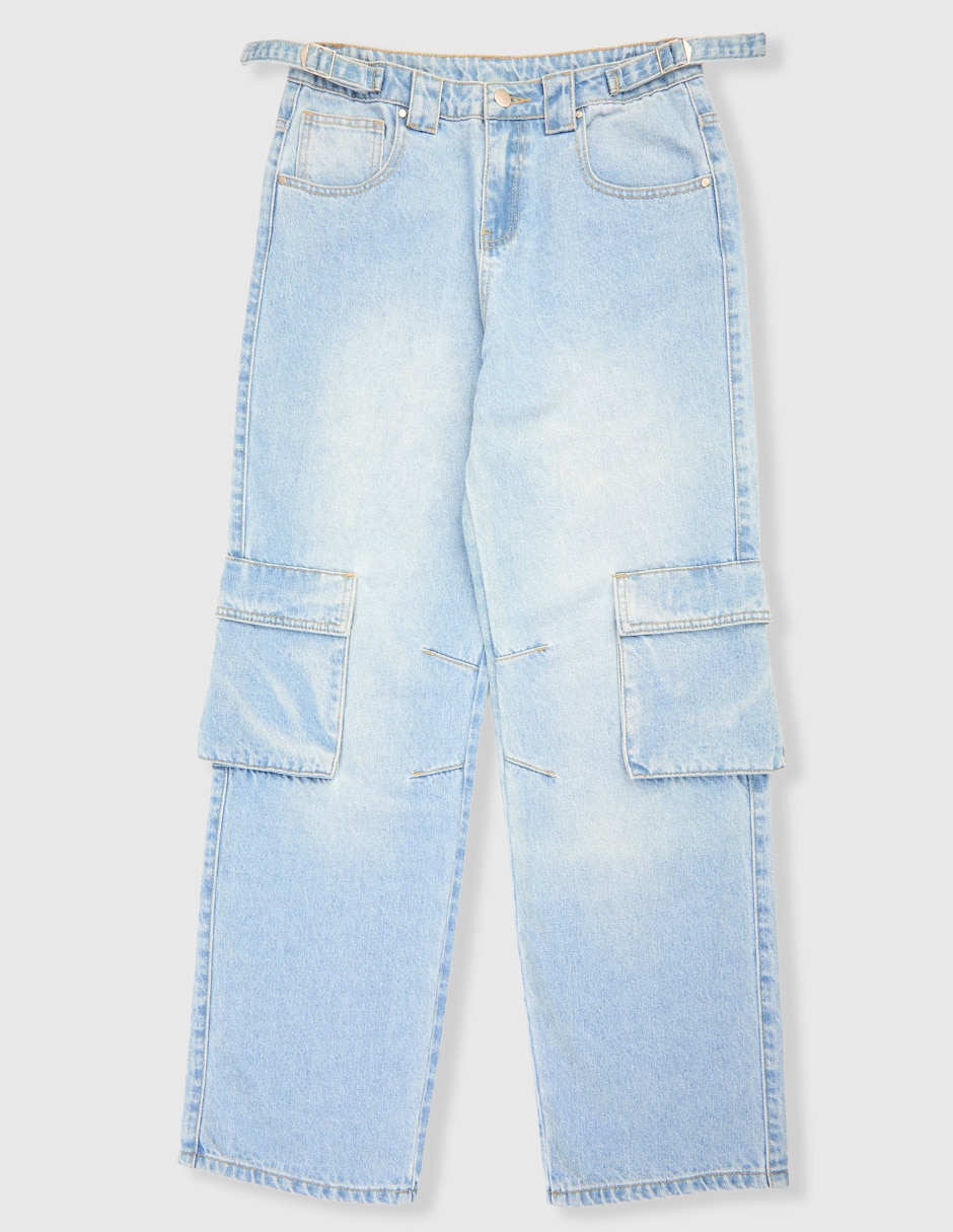 Jeans cargo straight lavado claro para niña Jeans cargo straight lavado claro para niña