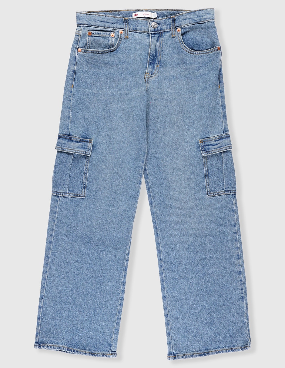 Jeans cargo wide leg deslavado para niña
