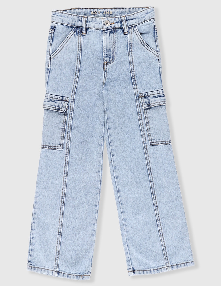 Jeans cargo straight lavado claro para niña Jeans cargo straight lavado claro para niña
